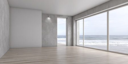 This spacious room has large windows showcasing a stunning view of the ocean. Natural light floods in, enhancing the minimalistic decor. It offers a serene coastal atmosphere.の素材