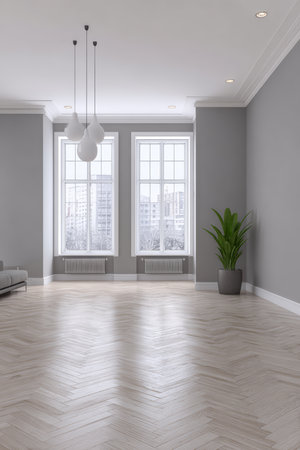 A spacious empty room features large windows that let in ample natural light. The minimalist design includes wooden flooring and a plant in the corner, creating a fresh atmosphere.の素材