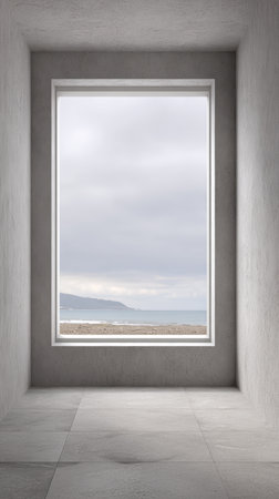 A serene view of the ocean from a minimalist room. Soft gray clouds hang in the sky, while the waters gently lap against the shore. The space feels open and tranquil.の素材