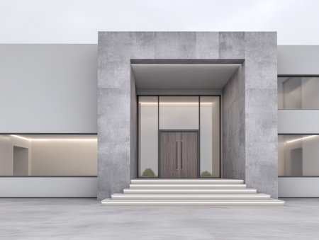 A contemporary building showcases a simple yet elegant entrance with a large doorway, smooth concrete walls, and illuminated steps, set against a moody sky.の素材