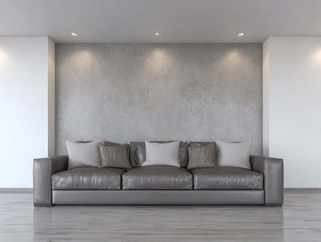 A stylish living room features a gray leather sofa adorned with decorative pillows, against a sleek concrete wall. The space is well-lit, emphasizing its modern simplicity.の素材