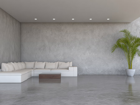 This room features a spacious, minimalistic design with a white sectional couch and a small brown coffee table. A green plant adds a touch of nature to the bright space.の素材