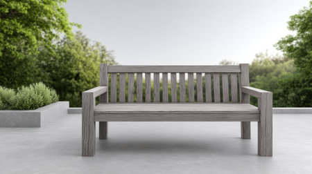 A wooden bench made from light-colored timber sits on a smooth patio. The bench is positioned in a peaceful garden with greenery in the background under a clear sky.の素材