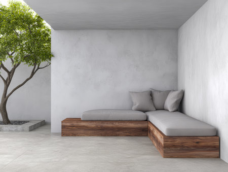 This outdoor lounge features two cozy wooden benches with light gray cushions. A small tree adds a touch of nature to the minimalist space, perfect for relaxation.の素材
