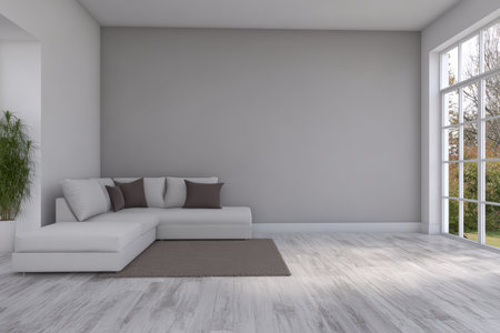 This living room features a white sectional sofa with decorative pillows, a cozy rug, and large windows allowing natural light to flood in, enhancing the airy atmosphere.の素材