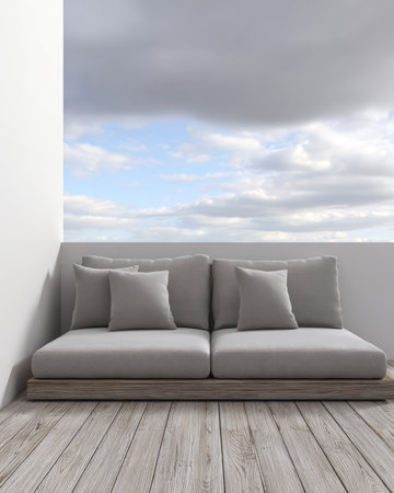 Soft gray cushions adorn a simple outdoor seating area overlooking a serene sky. The wooden floor complements the modern design, inviting relaxation.の素材