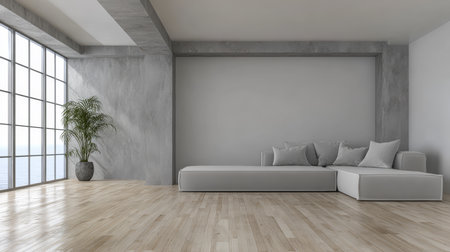 A spacious living room features a light gray sofa, decorative pillows, and large windows that let in plenty of natural light. The wooden floor adds warmth to the modern aesthetic.の素材