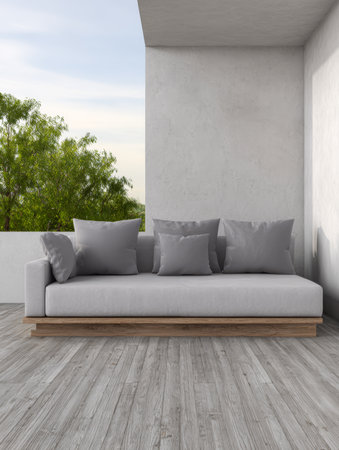 A sleek gray outdoor sofa with plush pillows is placed on a balcony. The setting features a bright sky and lush green trees in the background, creating a serene atmosphere.の素材