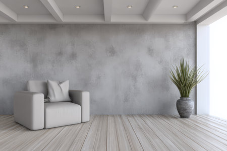 A modern living room features a light gray wall and wooden floor. A plush white armchair sits on the left, next to a tall ornamental plant in a decorative pot, creating a serene atmosphere.の素材