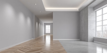 A spacious hallway features sleek gray walls contrasted by herringbone wooden flooring. Large windows allow natural light to fill the area, enhancing its modern aesthetic.の素材