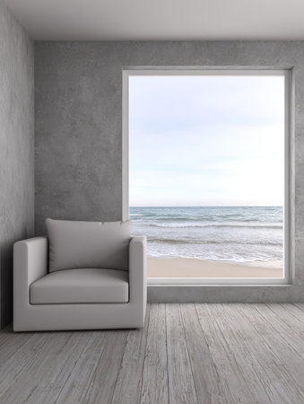 A cozy white armchair sits next to a large window, offering a perfect view of the sandy beach and gentle ocean waves. The minimalist interior creates a peaceful atmosphere.の素材