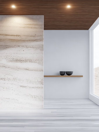 This bright room showcases modern minimalist design with a smooth stone wall and clean lines. Natural light fills the space, creating an open and airy atmosphere.の素材