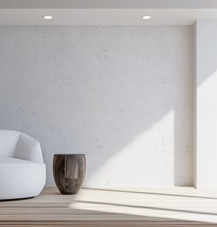 Bright light streams into a modern interior featuring a soft white chair and a sleek wooden stool against a textured wall. The space highlights simplicity and elegance.の素材