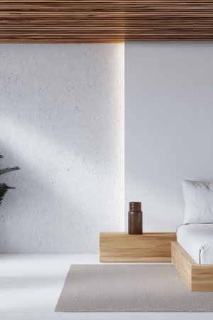 This peaceful bedroom showcases a minimalist design with wooden elements, a bright wall, and soft textures. Natural light enhances comfort and tranquility in the space.の素材