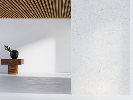 Bright and airy environment showcases a minimalist design with wooden ceiling and a simple table. A dark vase adds a touch of nature, enhancing the open space.の素材