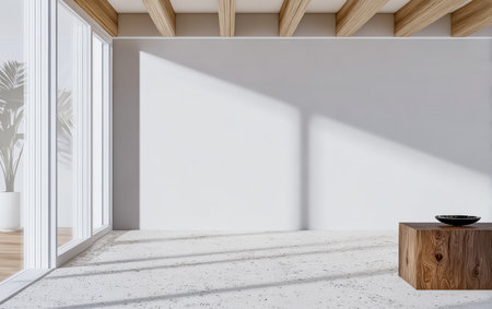 This open space showcases a minimalist interior with large windows allowing natural light to illuminate the room. A wooden table adds warmth to the bright atmosphere.の素材