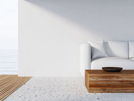 A sleek living area features a white couch and a wooden coffee table, offering a peaceful view of calm water. The design emphasizes simplicity and tranquility.の素材
