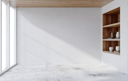 This space features bright sunlight streaming through large windows, illuminating empty white walls and wooden shelves, perfect for displaying decor.の素材