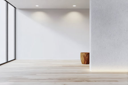 A bright, minimalist room features large windows allowing natural light to fill the space. A wooden stool adds warmth against the neutral walls and floor.の素材