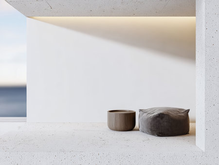 Soft seating and a wooden bowl create a cozy corner in this minimalist indoor space. Natural light streams through the window, enhancing the peaceful atmosphere.の素材