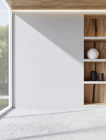 A spacious room showcases a minimalist design with clean lines, wooden shelves, and a bright atmosphere. Natural light floods through a large window, creating a serene ambiance.の素材