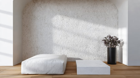 Soft natural light fills a serene bedroom featuring a simple white bed and a stylish concrete table, creating a calm and inviting atmosphere.の素材