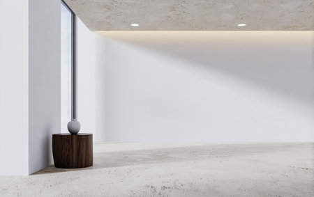 This spacious room features a modern minimalist design, highlighting natural light and simple decor. A small table with a vase sits in the corner, enhancing the serene atmosphere.の素材