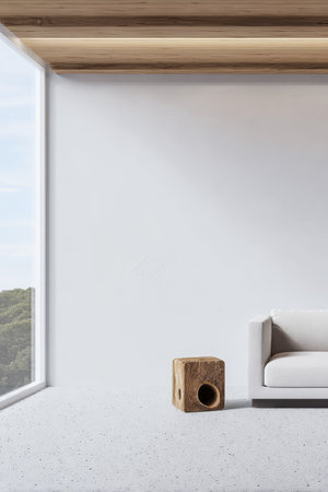 A spacious living area features a cozy white sofa and a wooden accent table. Large windows offer a view of greenery, creating a serene and inviting atmosphere.の素材