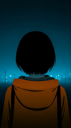 A girl with short black hair wears an orange hoodie while gazing toward the horizon. The night cityscape is filled with blue lights that create a serene yet mysterious environment.の素材