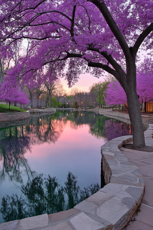 A tranquil scene in a park at sunset, showcasing beautiful purple trees in full bloom. The still water reflects the vibrant hues and surrounding greenery, creating a serene atmosphere.の素材