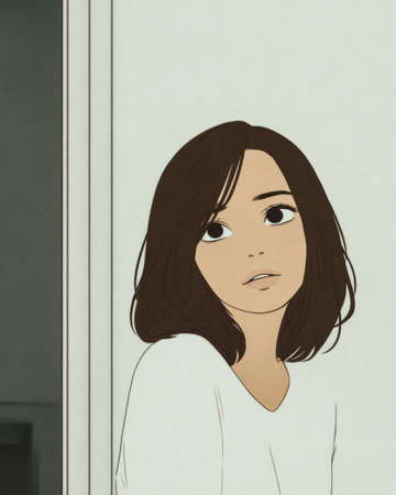 An interested young woman with short brown hair gazes pensively in a simple room. Soft light highlights her expression, creating a calm and serene atmosphere.の素材