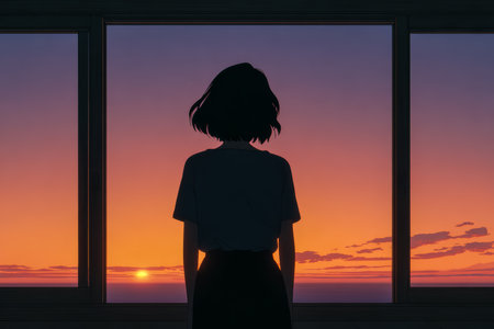A girl stands by a window, gazing at the vibrant sunset over the calm ocean. The warm colors fill the sky, creating a peaceful and reflective moment.の素材