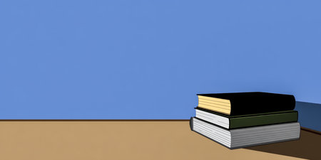 Colorful books are neatly stacked on a wooden table. The soft blue wall creates a calm atmosphere, ideal for reading or studying. The setting evokes a peaceful moment of learning.の素材