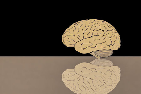 A stylized brain resting on a smooth surface, with its reflection visible below. The minimalist design highlights concepts like thought and perception in a unique way.の素材