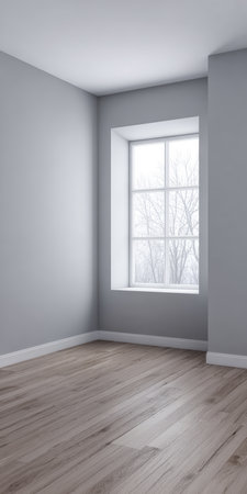 A spacious room features gray walls and light wooden flooring. A large window allows natural light to fill the area, revealing a tranquil winter landscape outside.の素材