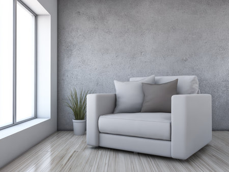 Soft light streams through a large window onto a modern armchair with pillows, placed in a minimalist room with a potted plant nearby. The atmosphere is calm and inviting.の素材