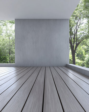 A spacious outdoor area features smooth wooden flooring and a plain wall surrounded by tall trees and vibrant greenery in daylight. The scene is bright and inviting.の素材