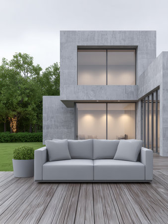 A stylish gray sofa sits on a wooden deck in front of a modern house. The sleek design of the building complements the serene garden view, creating a peaceful outdoor space.の素材