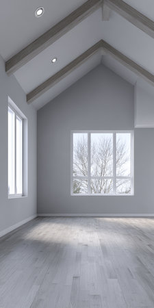 Spacious interior features high ceilings and large windows allowing natural light to fill the room. Outside, trees are bare against the winter sky, creating a peaceful view.の素材