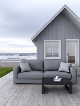A stylish gray couch and a black coffee table sit on a wooden deck beside a beach house. The ocean waves crash softly against the shore. It is a cloudy day with soft lighting.の素材