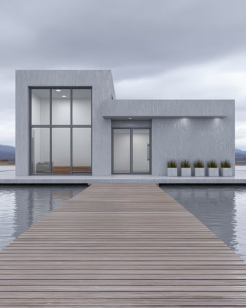 A sleek, modern house with large glass windows is situated by a calm lake. A wooden walkway extends over the water, leading to the stylish entrance of the building.の素材