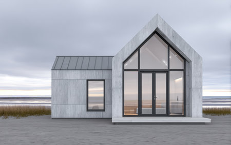 This contemporary beach house features large glass windows and a minimalist design. It stands on the sandy shore with a serene view of the ocean during dawn, surrounded by grass.の素材