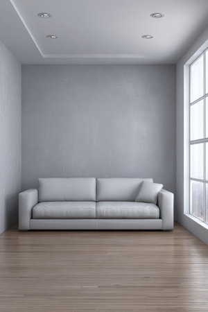 Bright living room featuring a contemporary white sofa against a plain gray wall. Large windows allow ample natural light to fill the space, highlighting the wooden floor.の素材