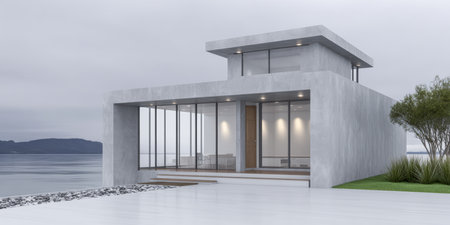 A sleek, modern house stands by the water, featuring large glass windows that provide stunning views of the serene surroundings. The clean lines and simple design create a calm atmosphere.の素材