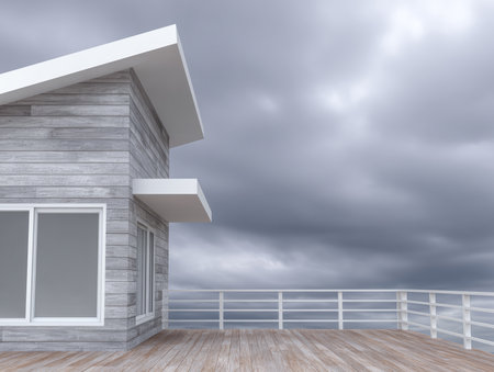 A contemporary wooden house features a spacious deck, set against a dramatic cloudy sky at dusk. The tranquil scene suggests a peaceful atmosphere, perfect for relaxation.の素材