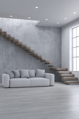 A spacious living area showcases a white sofa with gray pillows, complemented by a striking wooden staircase. Natural light floods in from a large window.の素材