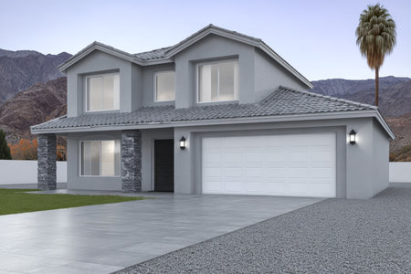 A contemporary grey house showcases stylish stone accents, situated in a peaceful mountain landscape. The early morning light highlights its elegant features and spacious front yard.の素材