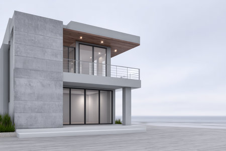 A sleek, modern house sits by the calm sea, showcasing large glass walls and a wooden roof. The setting sun creates a serene atmosphere as waves gently lap at the shoreline.の素材