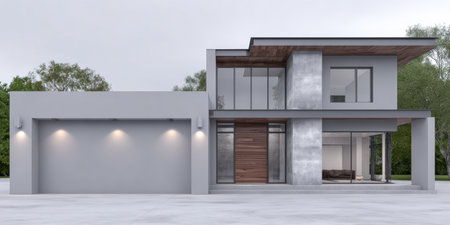 A modern two-story house features a sleek concrete and wood facade, large windows, and a spacious garage, set in a peaceful outdoor environment. Ideal for contemporary living.の素材