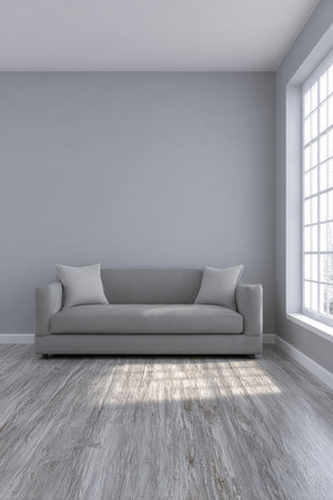 A spacious living room features a gray couch with cushions, complemented by a large window that fills the space with natural light, creating a cozy atmosphere.の素材
